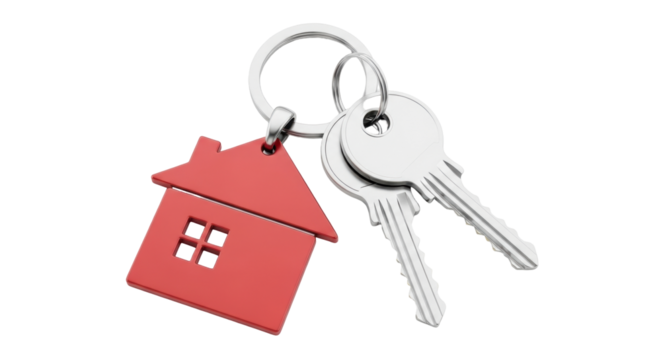 Isolated keys with house keychain on metal keyring concept of new home or real estate deal