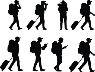 Traveler silhouettes, backpack tourists with luggage, airport journey scene, people walking with suitcases, travel lifestyle concept, global tourism, adventure trip, modern exploration