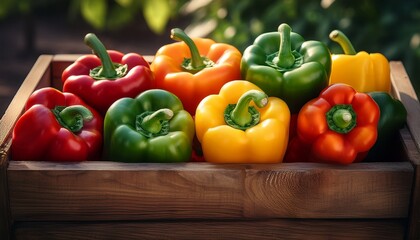 colorful bell peppers in a wooden crate