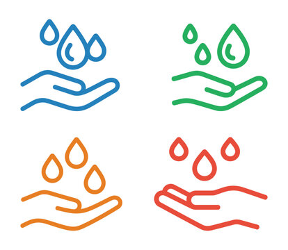Four hands catching water drops in blue green orange red colors vector