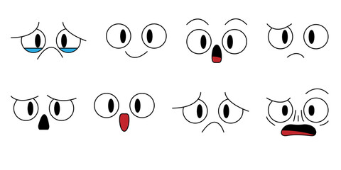 Comics cartoon emotion effects set. Manga facial expressions. Angry, happy, sad, kawaii, scared anime face. Doodle stroke facial emotions. Stock vector illustration isolated on a white background
