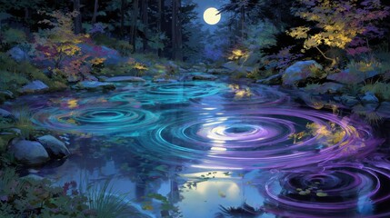 Serene Night Reflection with Colorful Ripples and Moonlit Forest Surroundings