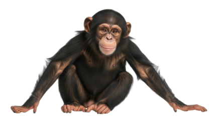 Isolated chimpanzee baby sitting on ground with arms outstretched in a playful pose