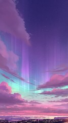 Enchanting Night Sky with Aurora Colors Over Cityscape at Dusk, Stars and Clouds Intertwined