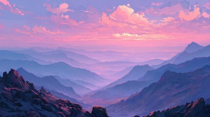 Serene Landscape of Rolling Mountains Under Soft Pink and Purple Sky at Dusk