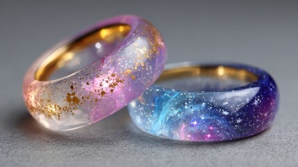 Elegant Galaxy Themed Resin Rings with Sparkling Effects in Soft Focus on a Gray Background
