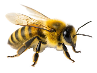 A detailed close up of a bee showing its wings legs and body with black and yellow stripes on a black background