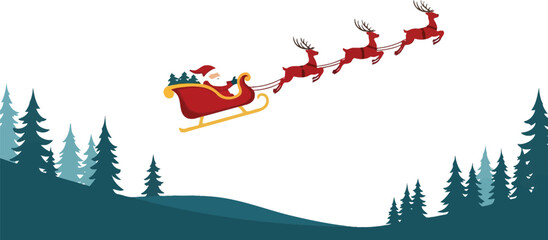 Santa's sleigh flies through the night sky with reindeer