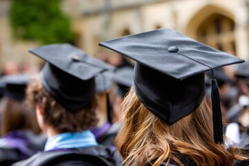 University students attending graduation ceremony wearing mortarboard caps