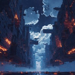 Futuristic Cityscape with Dramatic Clouds and Abstract Cube Structures