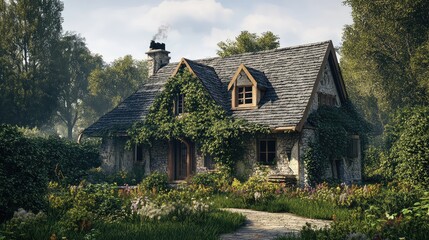 Fototapeta premium Enchanting stone cottage in a lush green garden setting