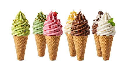 Ice cream cones on isolated background. Generative AI, collection of delicious ice cream in waffle cone, isolated on transparent background cutout, png different flavors mockup for design