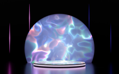 3D render of a futuristic product display stage with a glowing round platform and an iridescent, fluid patterned semicircular backdrop on a dark background. Neon vertical lines add a modern tech feel.