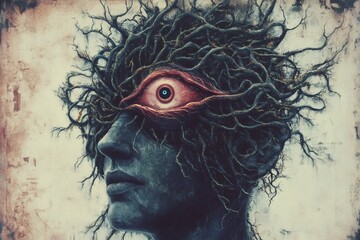 Human head with roots and eye, mental health concept