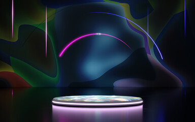A shimmering circular podium with a neon rim sits on a reflective dark floor, against an abstract background of dark organic shapes and glowing neon arcs and lines, ideal for product display.