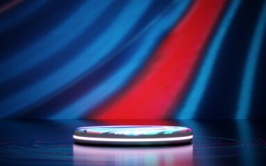 Futuristic glowing circular podium on a reflective surface with swirling patterns. Abstract blue and red striped background creates a vibrant, modern, and tech inspired product display stage.