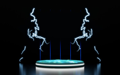 A futuristic circular podium with a glowing blue green top and white light ring, set against a dark background with electric blue lightning and vertical neon lines. Ideal for product displays.