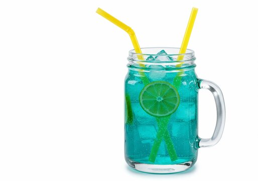 Electric Blue Summer Refresher: Icy Lime Cocktail in a Mason Jar with Yellow Straws