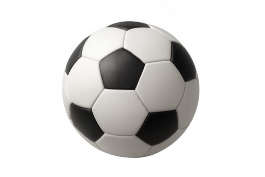 Soccer ball, classic black and white design, floating, sport equipment for playing games, transparent background
