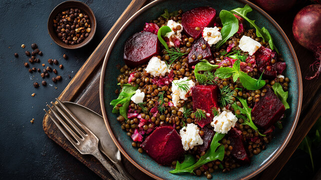 Eating Beetroot Feta Cheese Lentil Salad. Healthy Food