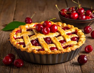 Delicious Homemade Cherry Pie on Wooden Table.