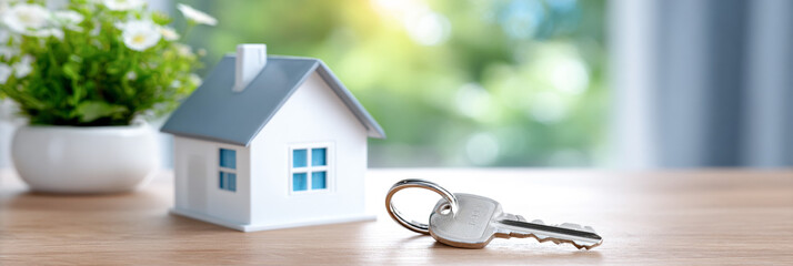 Small model house with blue windows and a gray roof placed on a wooden table beside a set of keys, symbolizing home ownership and real estate investment opportunities