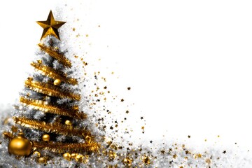 Christmas tree decorated with gold tinsel and glittering stars