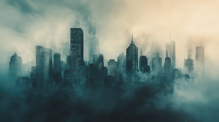 City skyline disappearing in an apocalyptic smoky fog