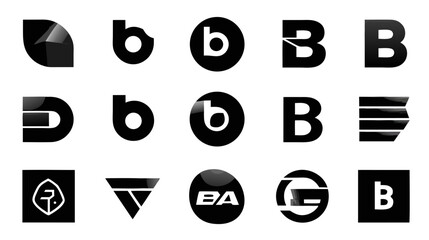 Collection of diverse abstract black and white logo designs featuring the letter B, perfect for modern branding, corporate identity, and graphic design projects.