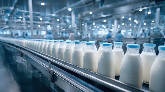 Milk Bottles On Conveyor Belt In Modern Dairy Factory