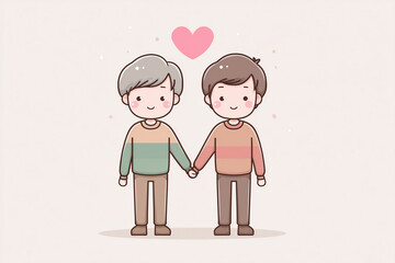 Cute cartoon illustration of two men holding hands with a floating pink heart above them