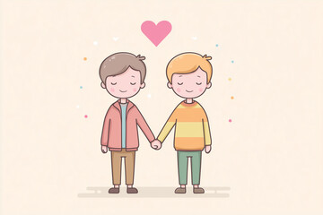 Cute cartoon illustration of two men holding hands with a floating pink heart above them