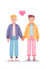 Cute cartoon illustration of two men holding hands with a floating pink heart above them