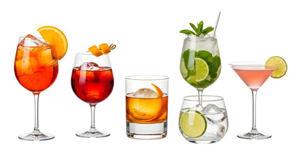 a set of cocktails: gin tonic, blue lagoon, tequila sunrise, iced irish coffee, pina colada, mai tai, cocktail with rum, whiskey, mojito