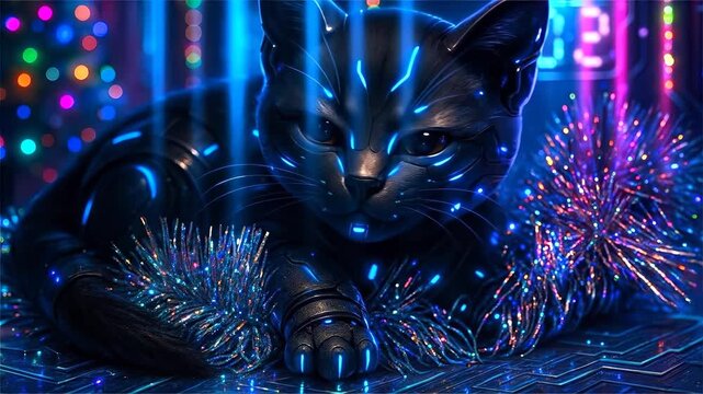 A cute little kitten sits in New Year's tinsel in a room decorated for the Cyber ​​New Year. New Year concept