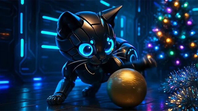 A cute little robot kitten plays with a Christmas ball in a room decorated for Christmas. New Year concept.
