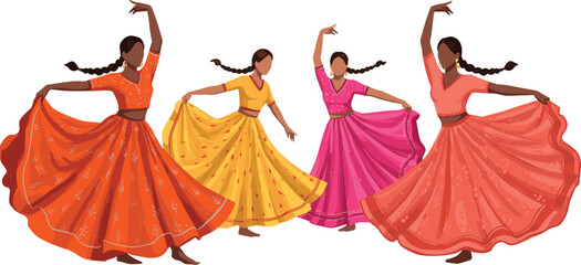 Indian traditional dance illustration, women in colorful lehenga choli, folk dance art, cultural celebration, ethnic dress, festival performance, group choreography, vibrant costumes