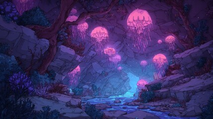Ethereal Cave with Glowing Jellyfish and Enchanted Stream in a Surreal Landscape