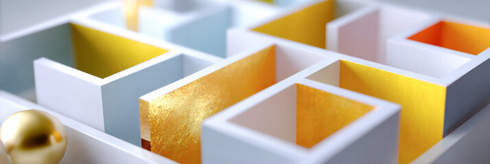 Abstract geometric composition featuring colorful paper structures in various shapes and sizes, with a shiny golden sphere, showcasing modern design and artistic creativity