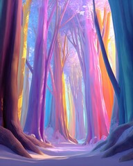 Vibrant Fantasy Forest with Colorful Trees and Surreal Dreamlike Atmosphere