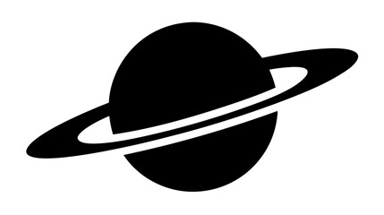 Minimalist black silhouette icon of a ringed planet, representing space, astronomy, cosmic exploration, and celestial bodies in the universe.