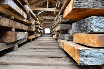 Storing rough cut lumber planks in a timber warehouse