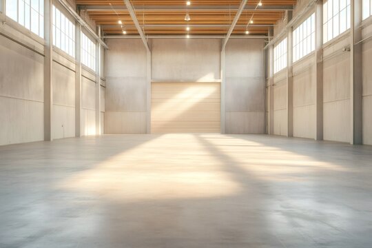 Empty industrial warehouse interior receiving strong sunlight