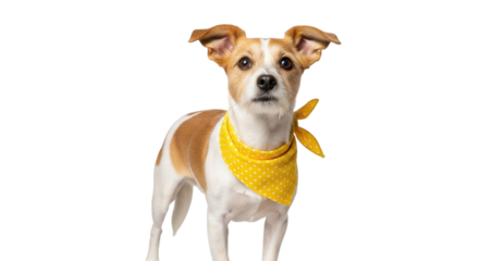 Isolated friendly Jack Russell Terrier dog, wearing yellow polka-dot neckerchief scarf