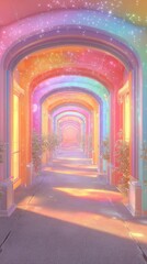 Colorful and Dreamy Hallway with Sparkling Lights and Vibrant Arches in Soft Pastels