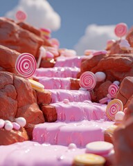 Colorful Candy River Flowing Through Rocky Landscape with Lollipops and Sweet Treats