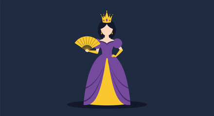 Fototapeta premium A regal queen in a flowing purple gown holds a fan.