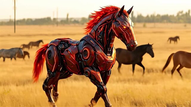 A red, fiery cyber-robot horse, the symbol of the year, gallops across a meadow. New Year's concept.