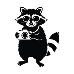 Cute raccoon wearing sunglasses holding a camera ready to take photos outdoors silhouette