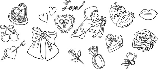 Valentine's Day whimsical Line Art Collection Black and white vector